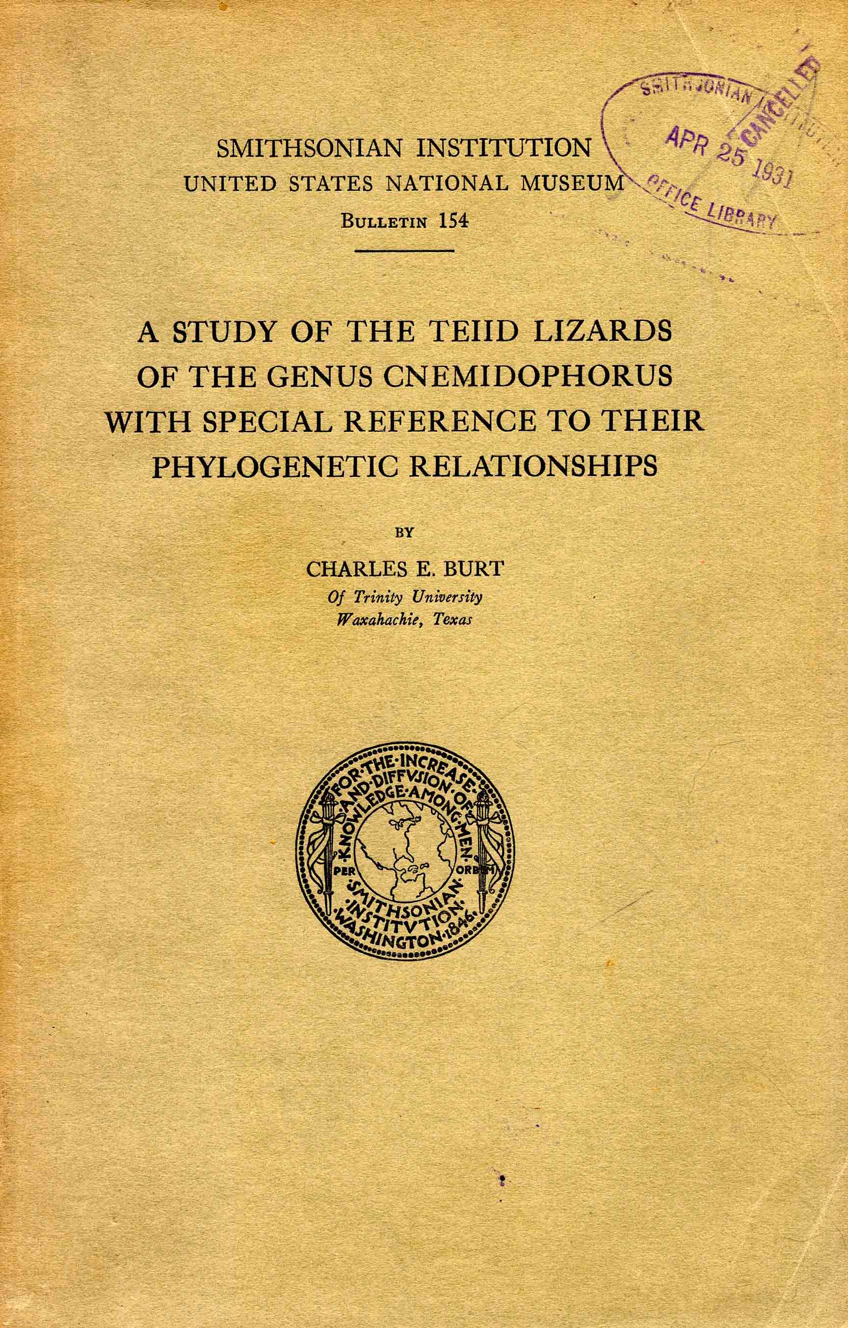 Image for A Study of the Teiid Lizards of the Genus Cnemidophorus with Special Reference to their Phylogenetic Relationships,